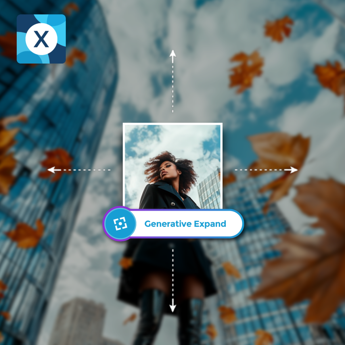 Person standing outdoors, surrounded by falling leaves and skyscrapers, with graphics suggesting image expansion.