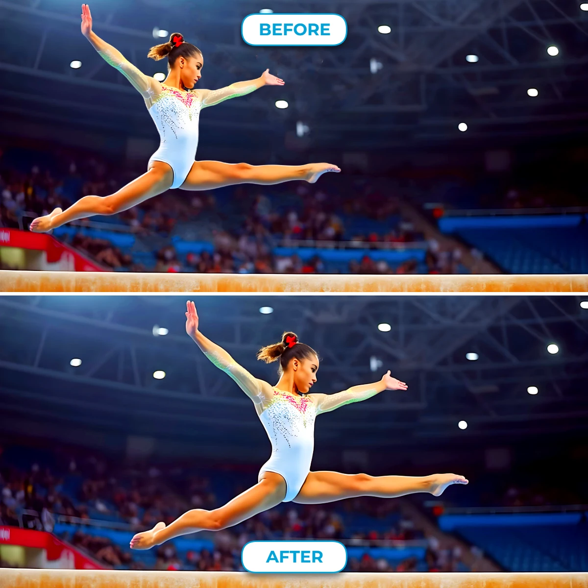 A gymnast mid-jump above a balance beam, with 