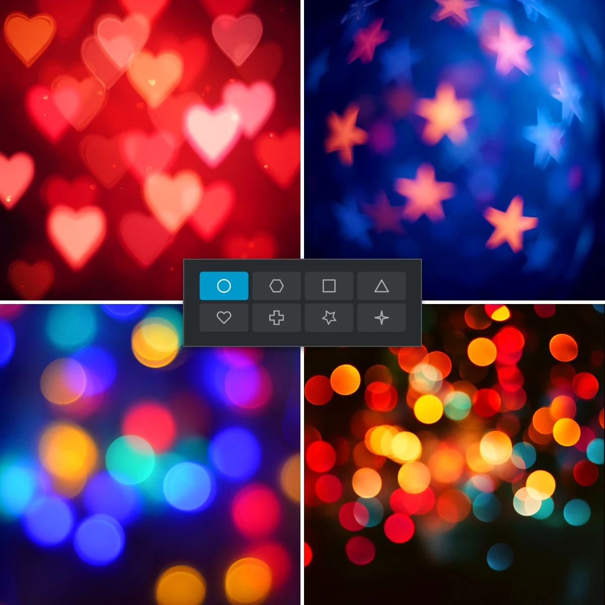 Collage of four blurred images with heart and star-shaped bokeh in various colors.