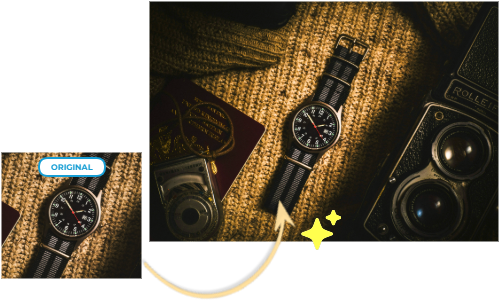 Vintage watch, camera, and passport on a knitted surface; image comparison with 