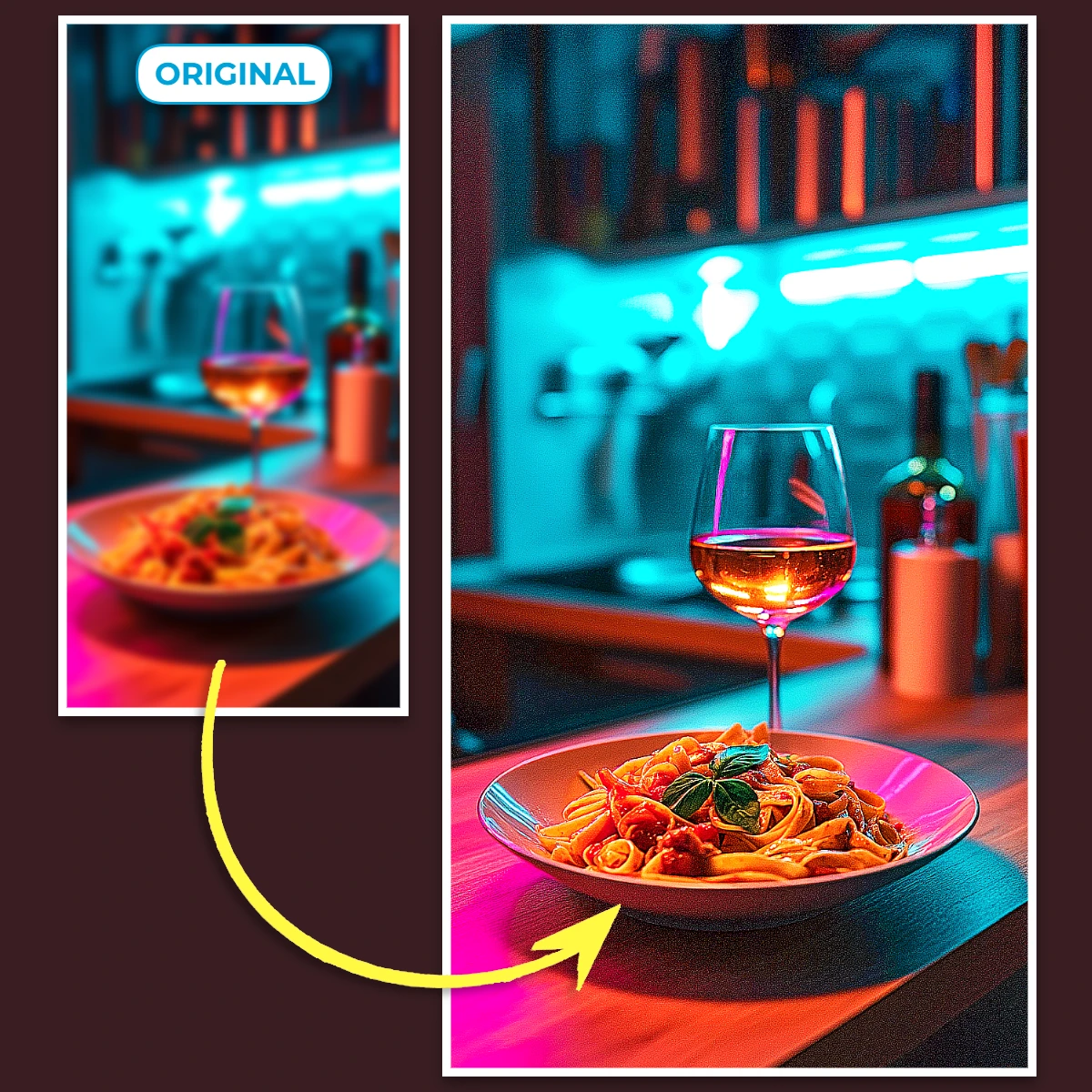 An enhanced image of pasta on a plate with wine against a neon-lit bar background.