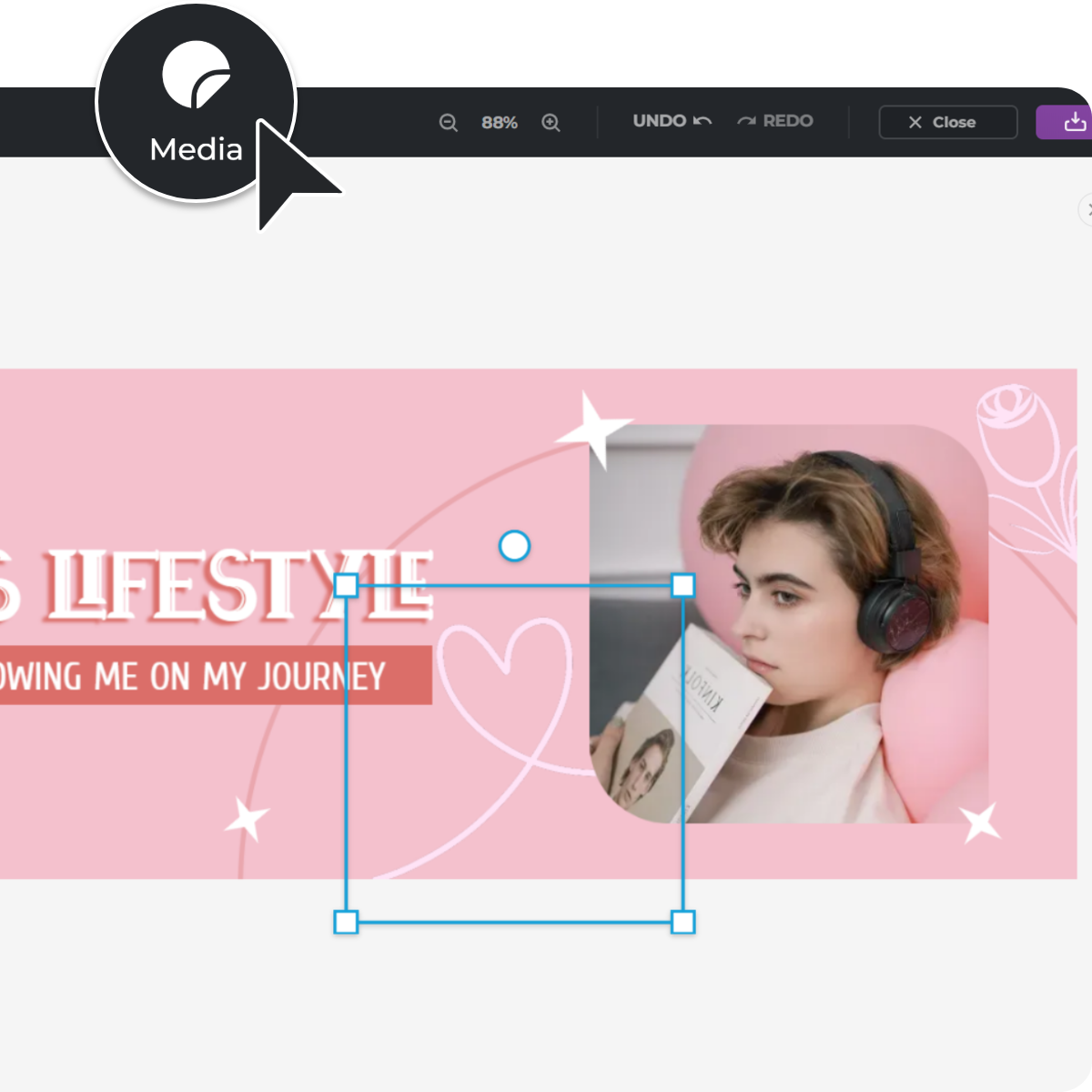 A digital design showcasing a lifestyle theme with soft pink background, featuring text and an image of a person wearing headphones.