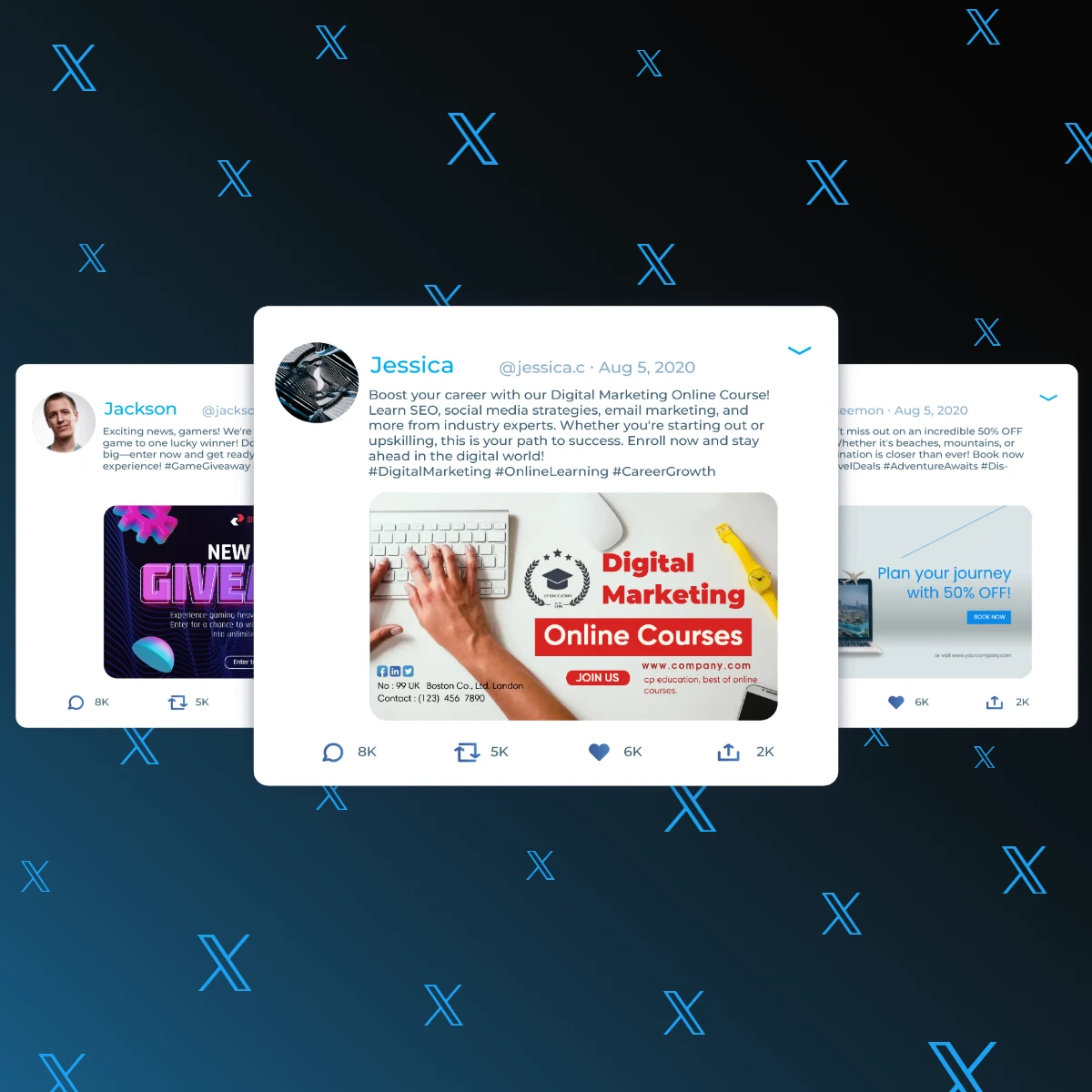  A collage of tweets promoting online courses in digital marketing and travel deals, featuring user engagement metrics and promotional graphics.