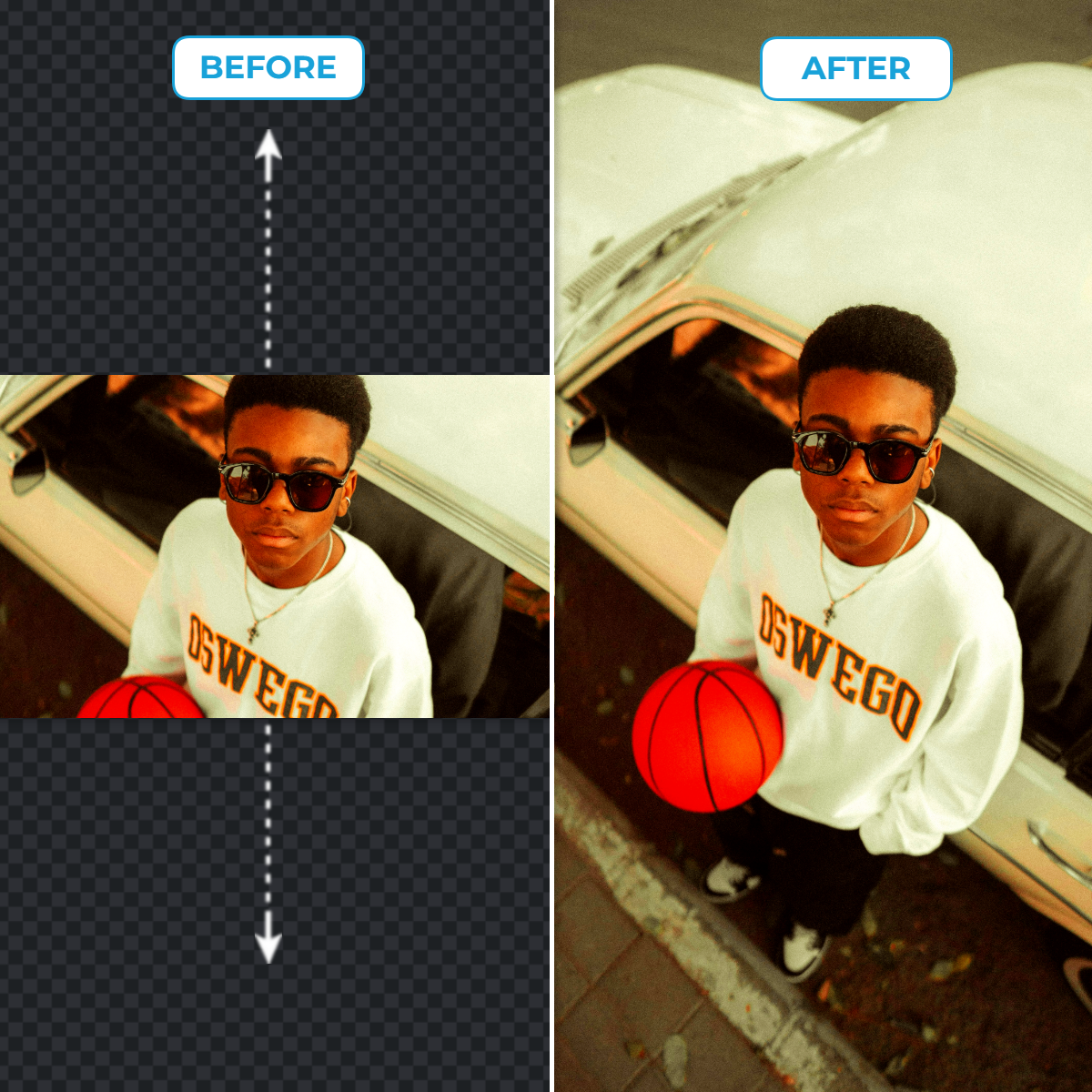 Split image comparing before and after photo editing, with a person holding a basketball.