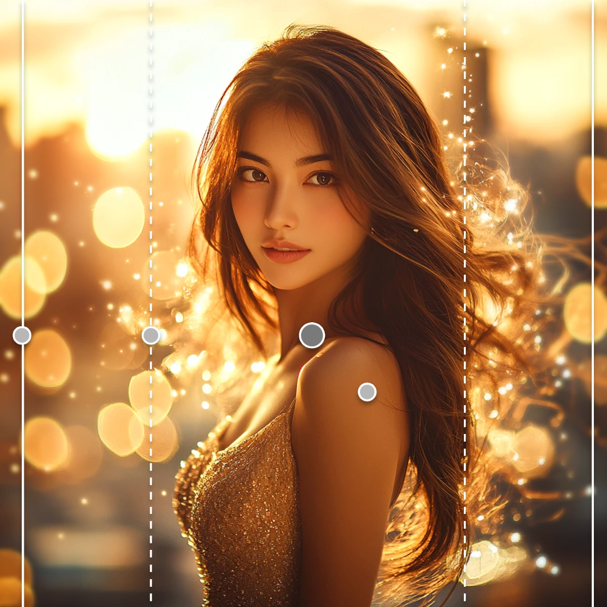 Woman in a glittery dress with flowing hair against a backdrop of golden bokeh lights.