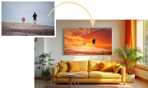 Photo of a cozy living room with a framed beach sunset canvas, mirroring a real beach scene.