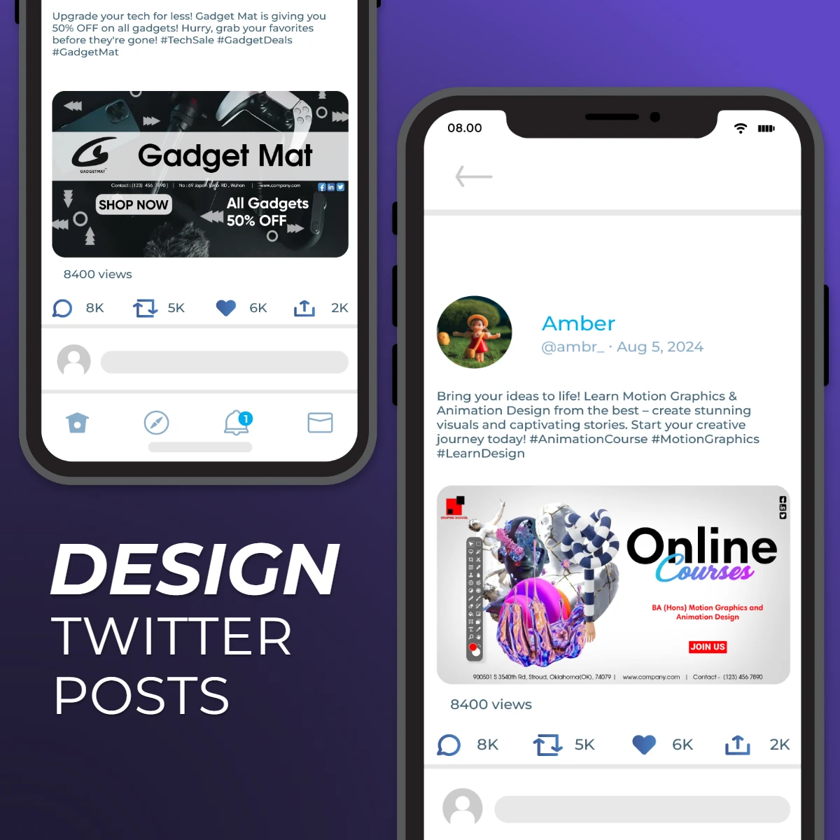 Two smartphone screens displaying Twitter posts: one promoting 50% off gadgets, the other advertising an animation design course.