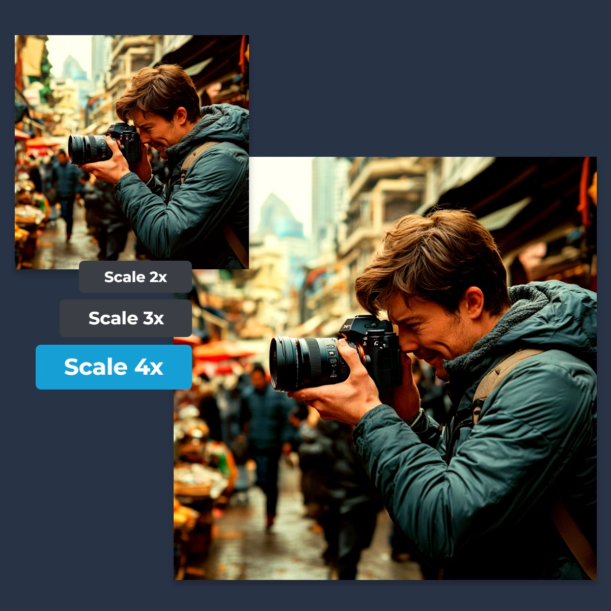 Person holding a camera on a busy street with upscaled image quality options.