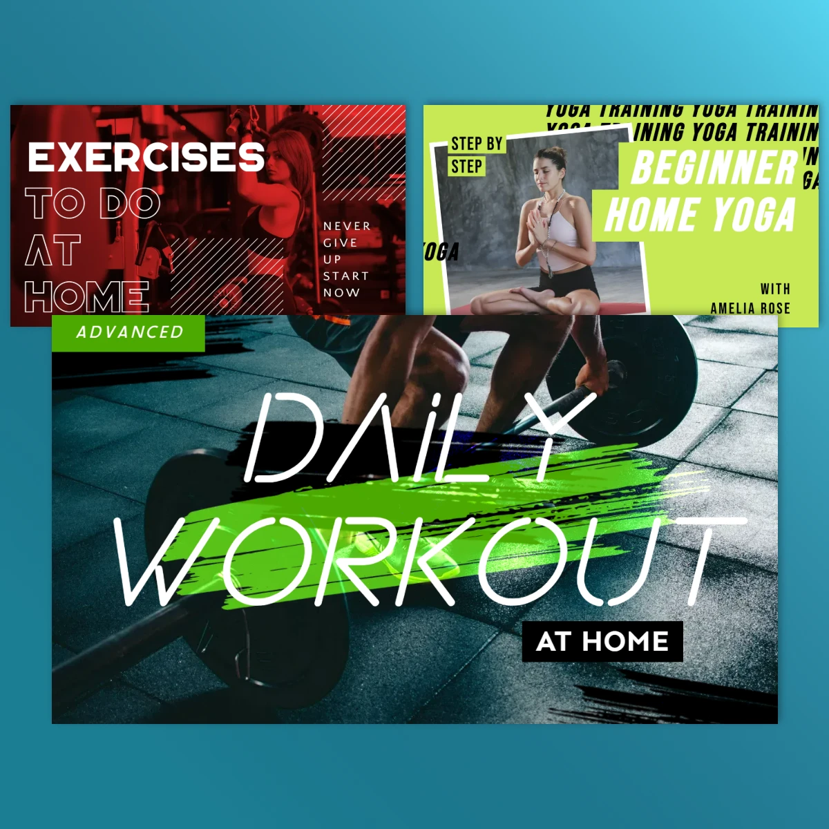 A graphic promoting home workouts, featuring sections for advanced exercises, daily routines, and beginner yoga with Amelia Rose.