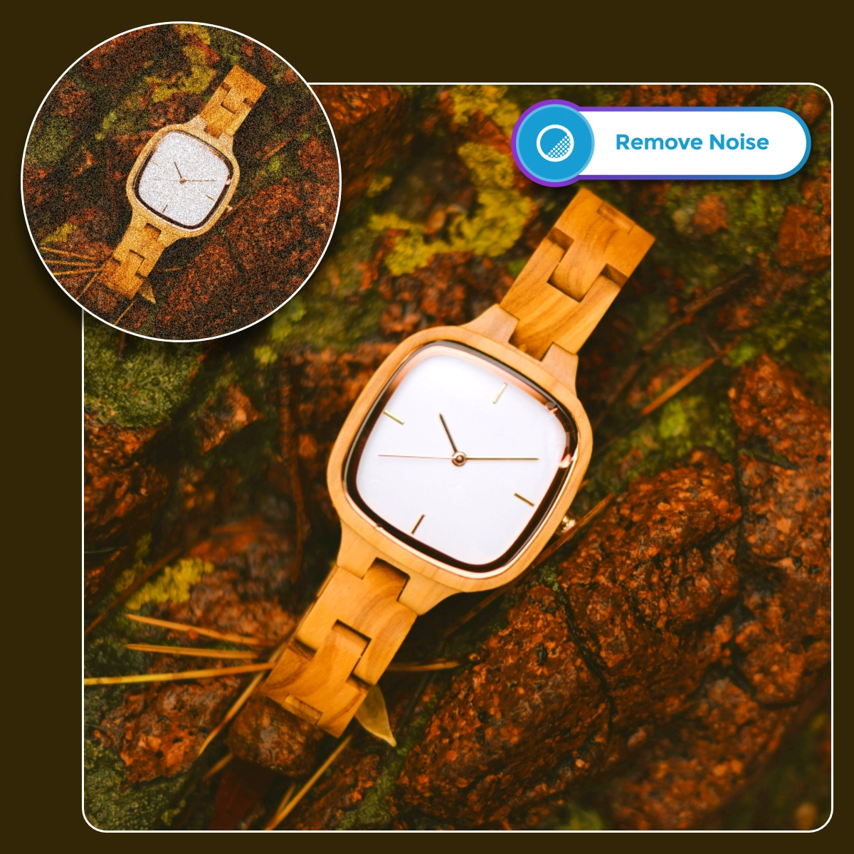 A wooden wristwatch on a mossy rock with a 