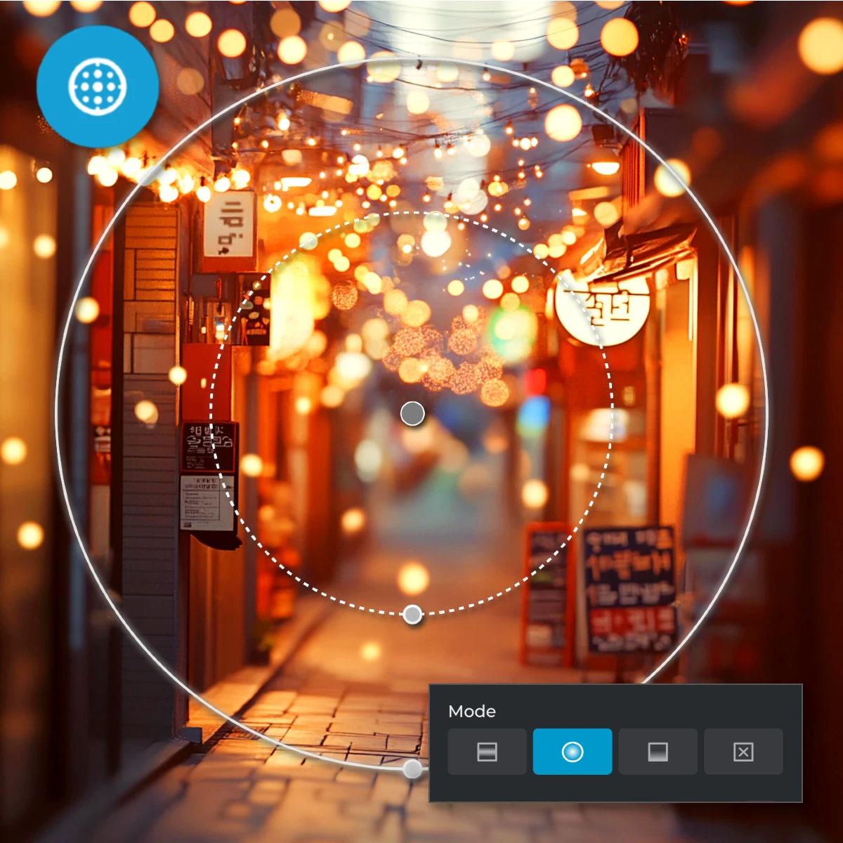 A blurred city alley with twinkling lights and bokeh effect, overlaid with a graphic editing interface.