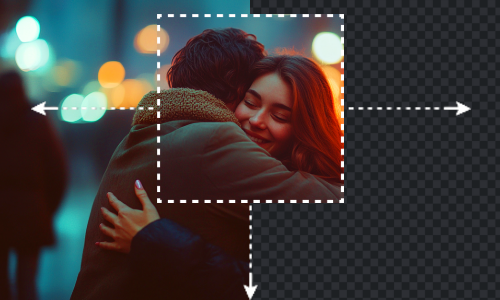 Two people embracing in a city at night with blurred lights in the background.