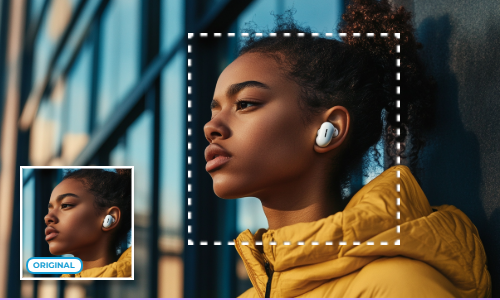 Person in a yellow jacket with white earbuds against a blue building.