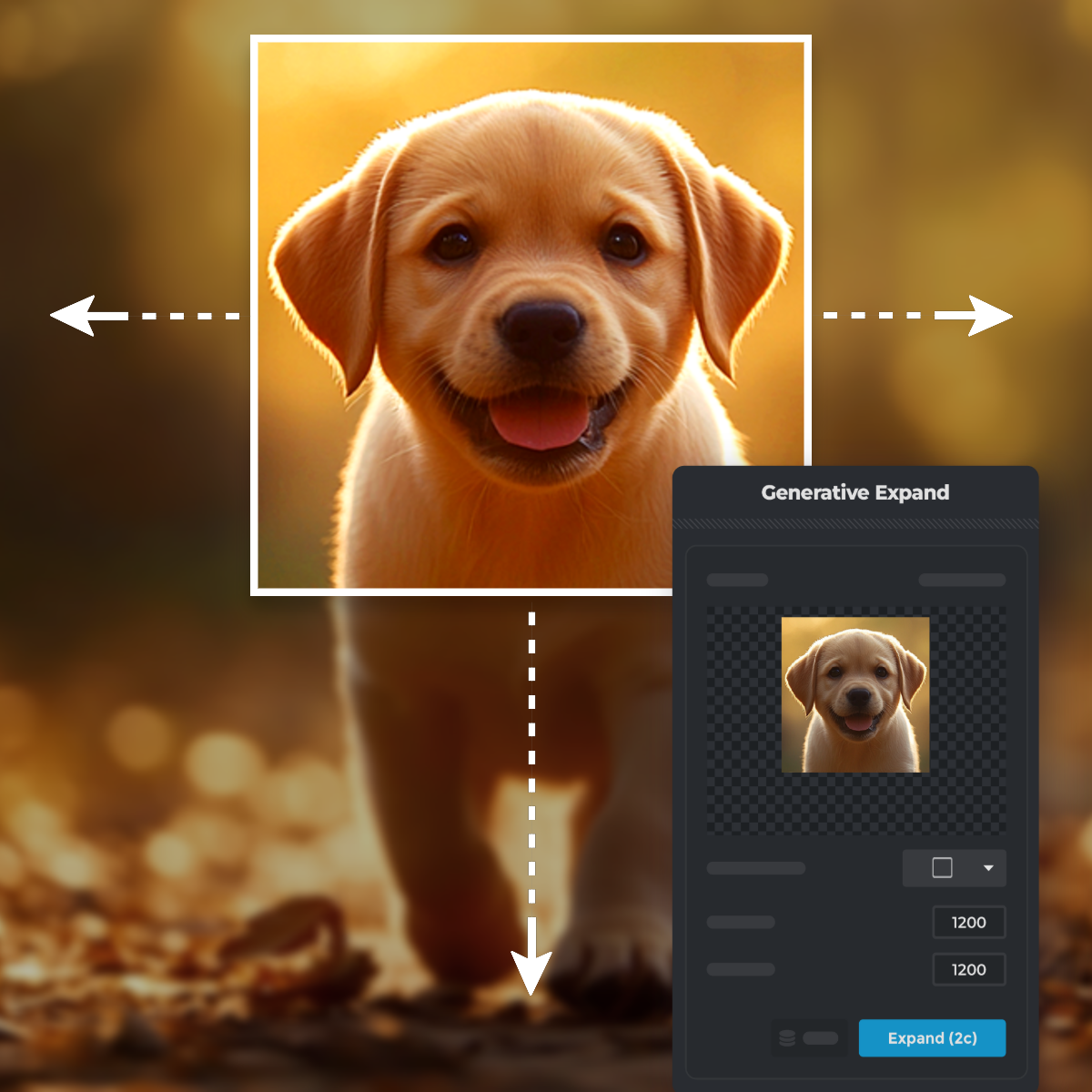 A screenshot of an image editing interface showing a tool expanding the background of a photo.