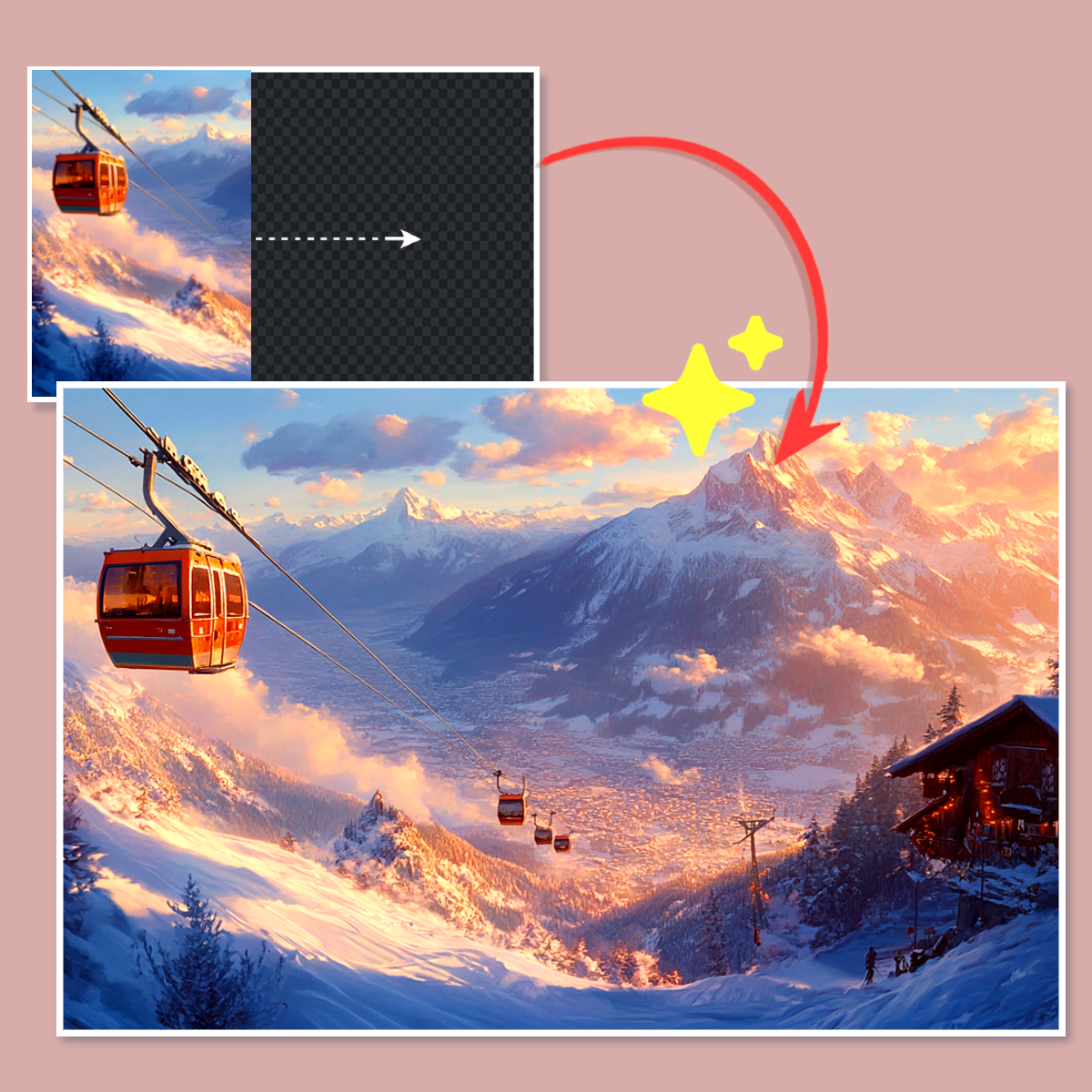 Alpine cable cars over snowy mountains at sunset, depicted in a split-view illustration with inset zoom.