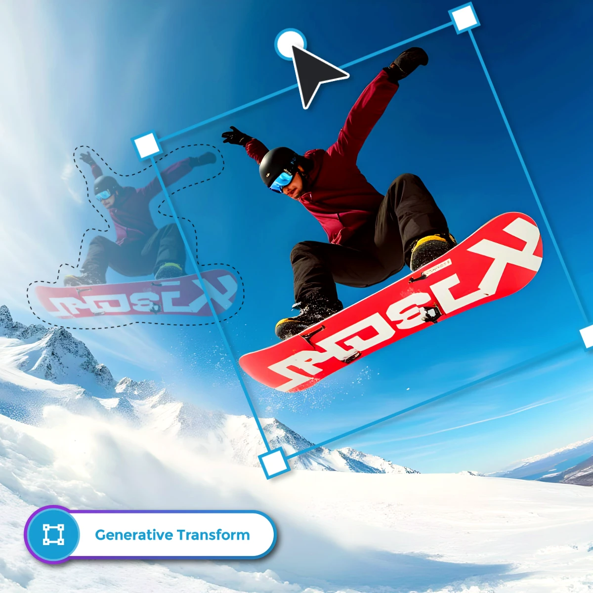 Snowboarder in mid-air against a blue sky and snowy mountain backdrop.