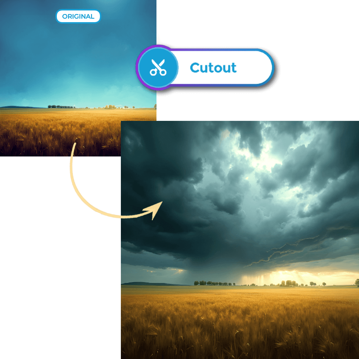 Image showcasing a before-and-after of a landscape photo editing, with stormy sky replacing the original clear blue sky.