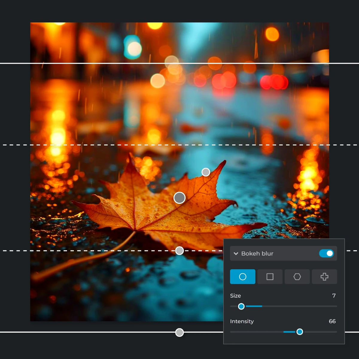 Close-up of a wet maple leaf on a city street with bokeh lights and raindrops, image editing interface overlay.