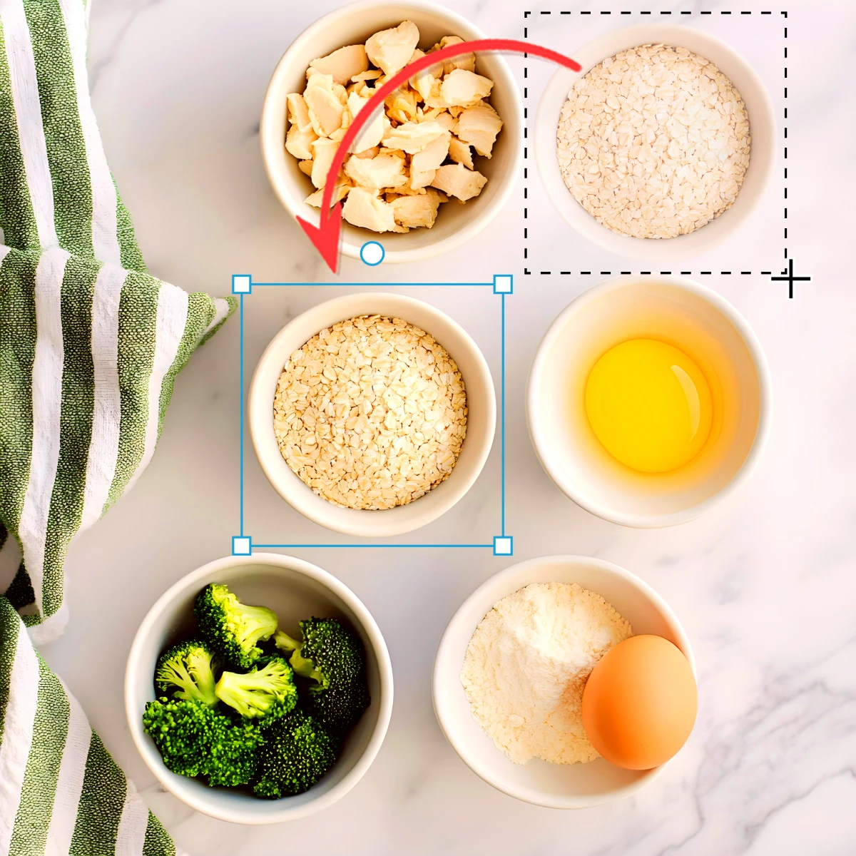 Ingredients in bowls with arrows indicating sequence: chicken, oats, broccoli, flour, and egg on marble surface.