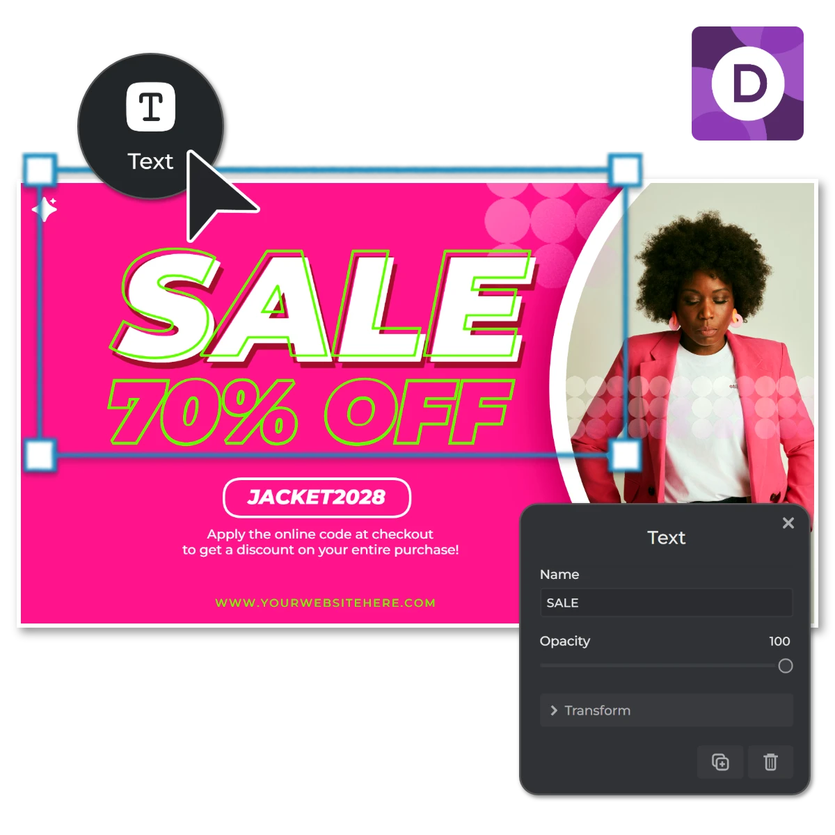 Bright pink promotional graphic showcasing a 70% off sale with the code JACKETS2028 and a website link at the bottom.