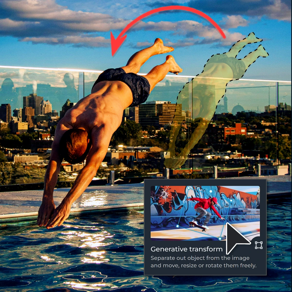 Man diving into a rooftop pool with city skyline in background, digital editing feature illustrated.