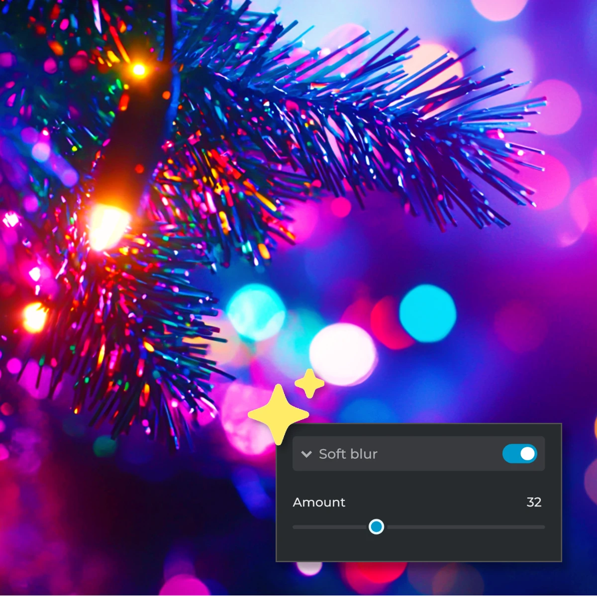 Close-up of a festive Christmas tree branch with colorful bokeh lights and a soft blur filter applied.