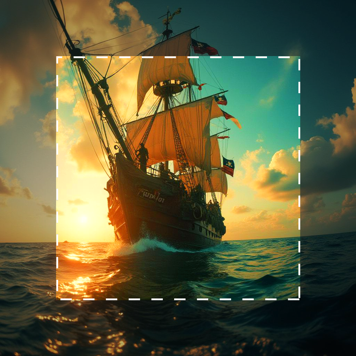 A pirate ship sailing on the ocean at sunset with billowing sails and flags.