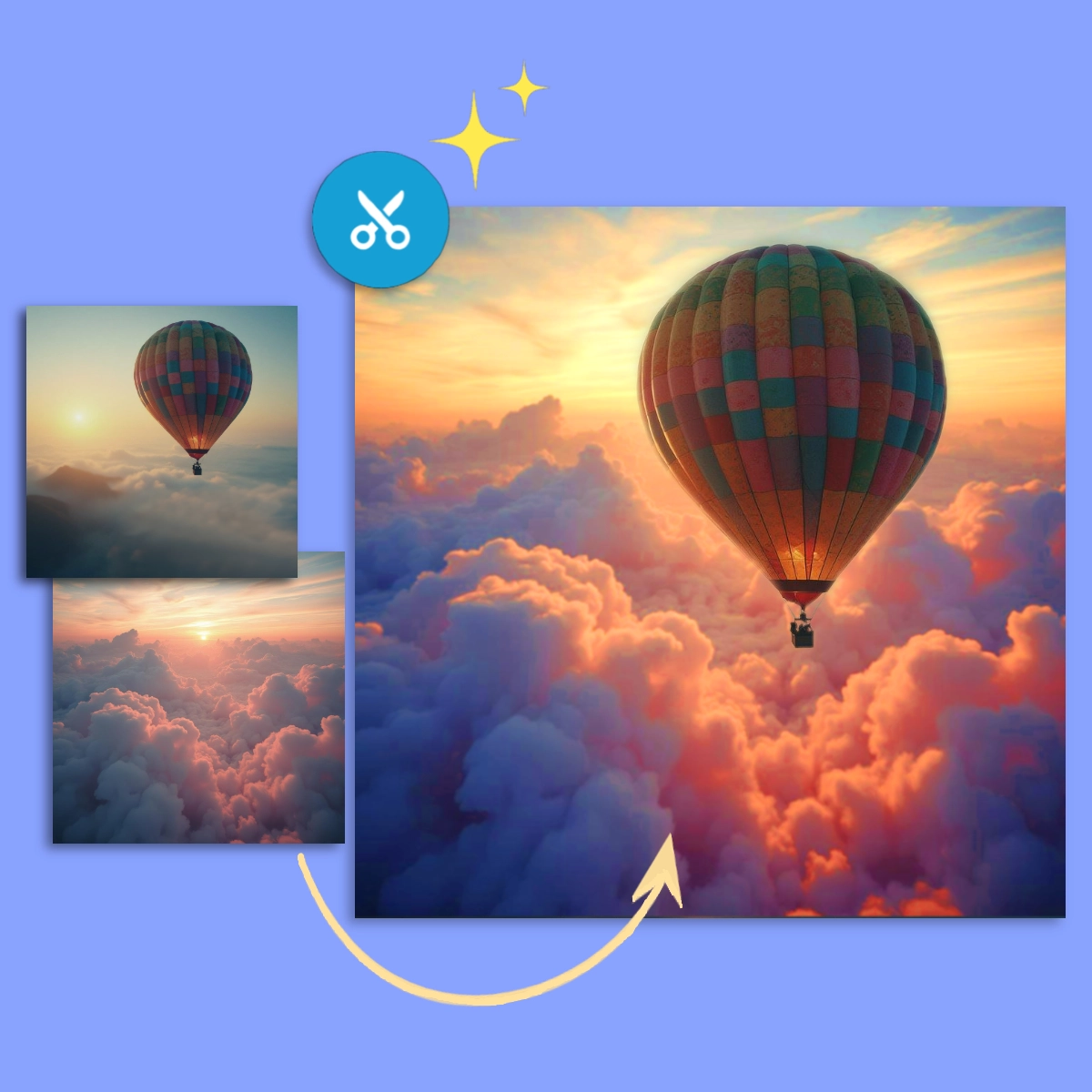 Hot air balloon soaring above vibrant clouds at sunset with image editing icons.