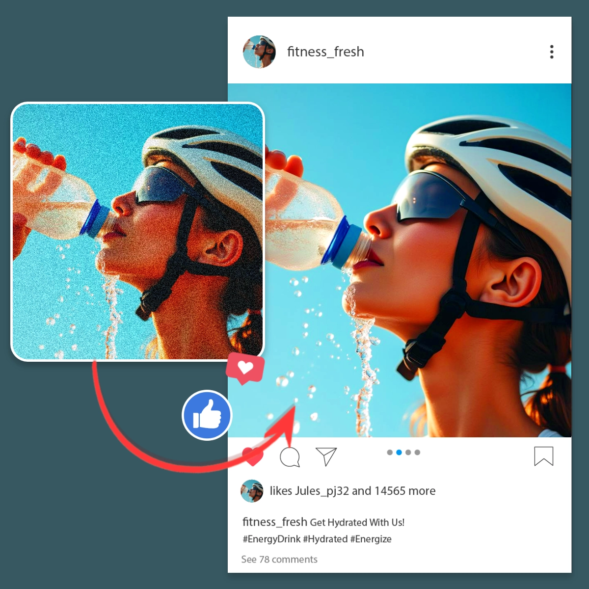 Cyclist in helmet pouring water from bottle, water splashing, in a social media post.