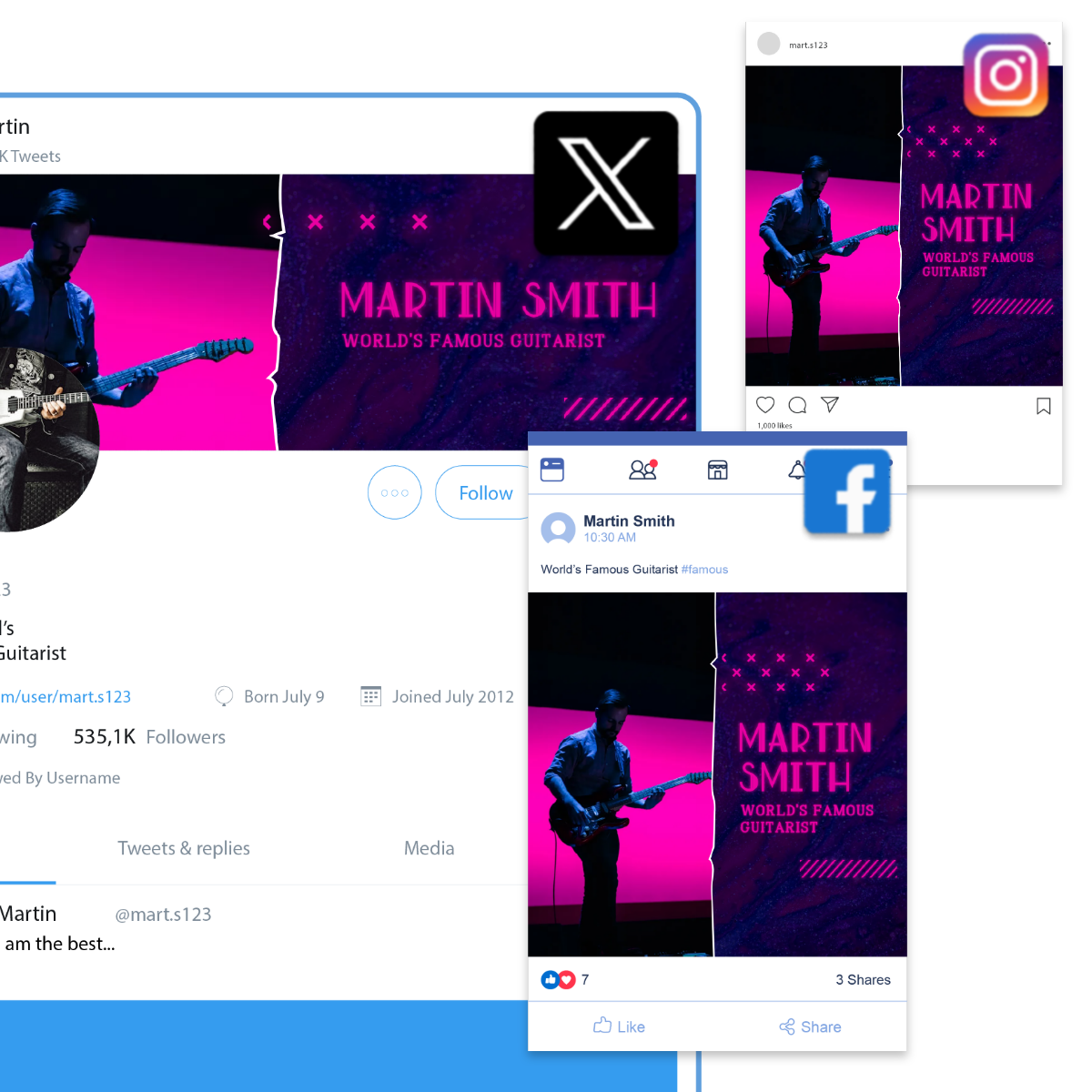 Collage of social media profiles for Martin Smith, featuring vibrant backgrounds and guitar imagery emphasizing his status as a famous guitarist.