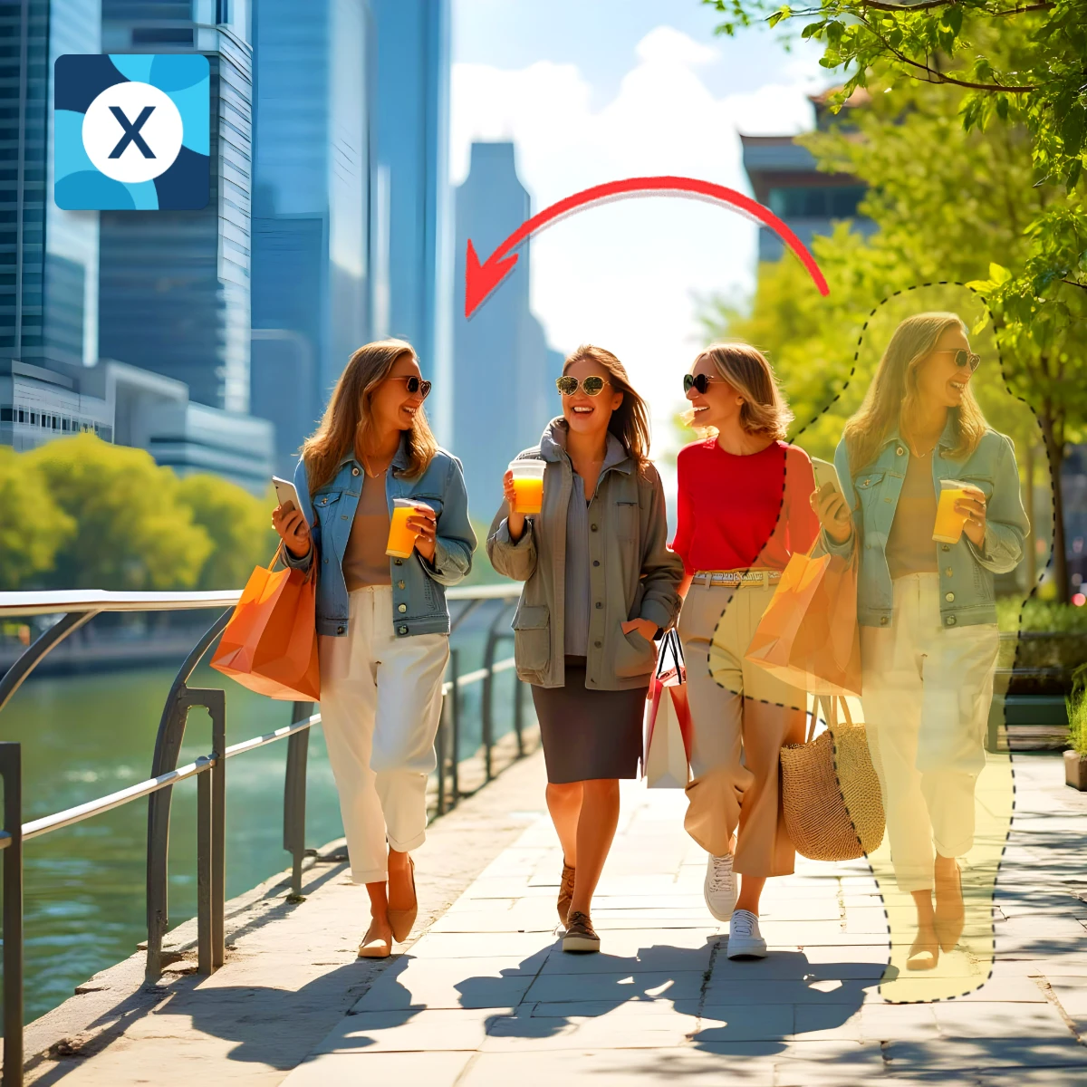 Three women walking with shopping bags and coffee in a sunny urban setting.