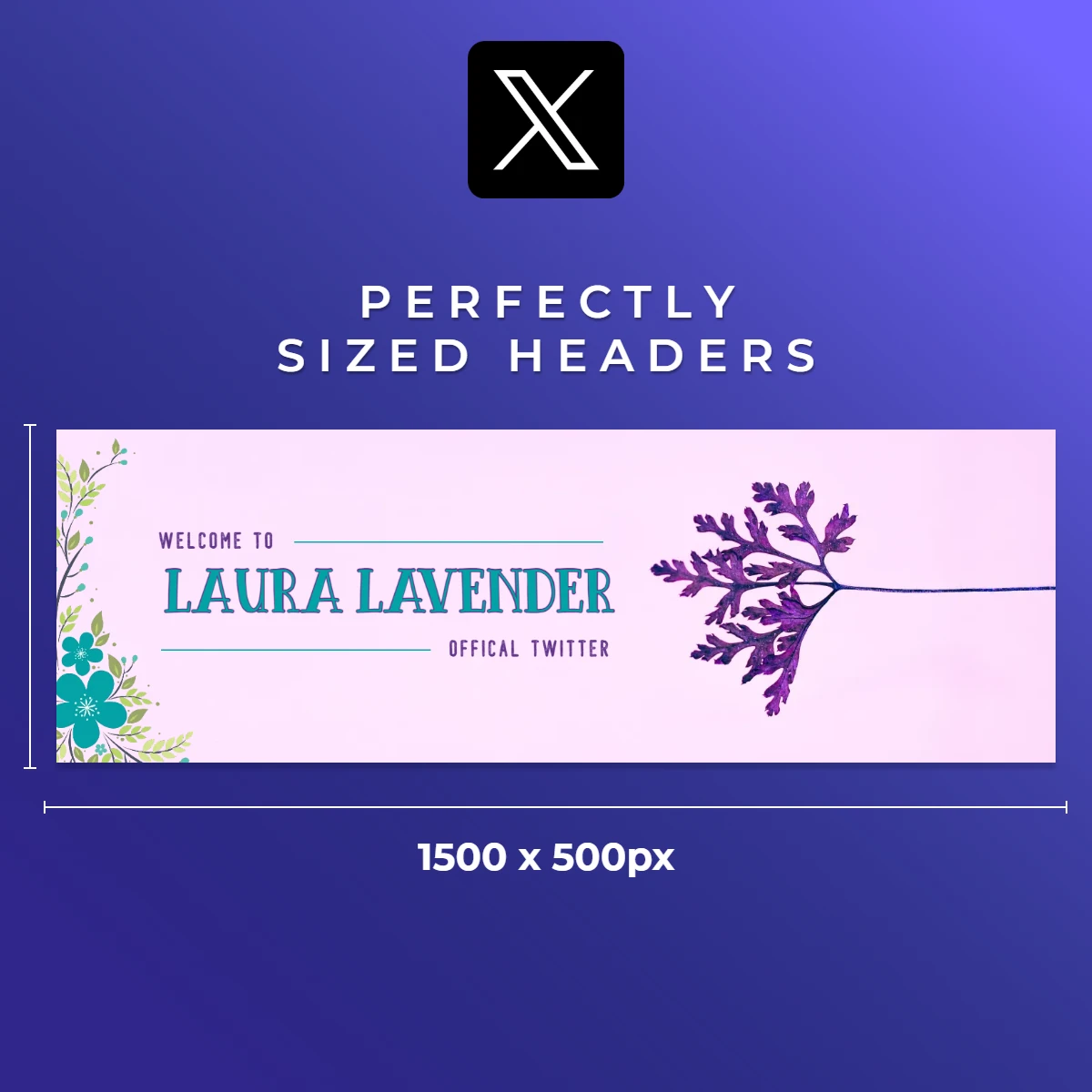 Header design for Laura Lavender's official Twitter featuring flowers, with dimensions of 1500 x 500 pixels.