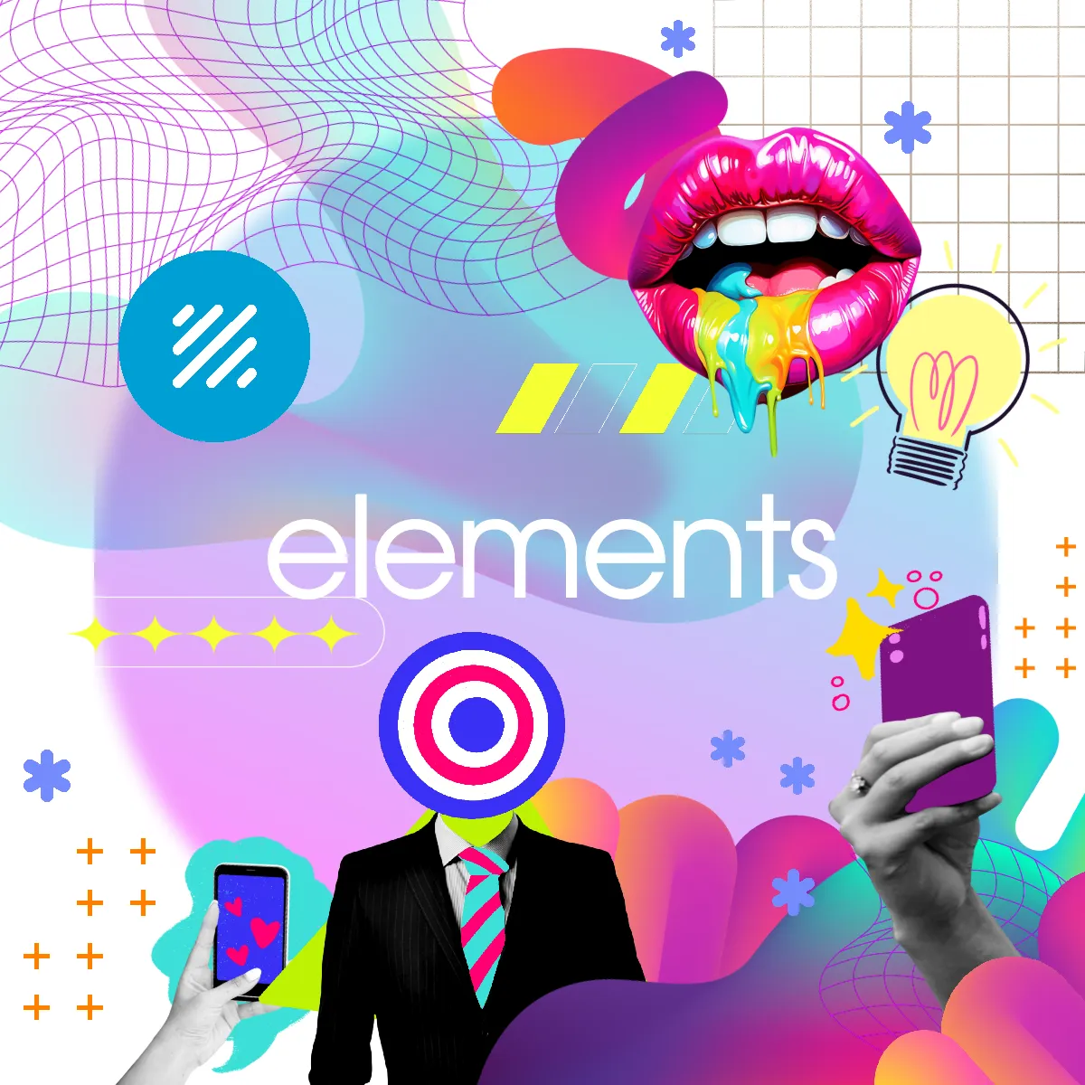 A vibrant digital collage with abstract shapes, a target-headed figure, a hand holding a phone, and neon lips.