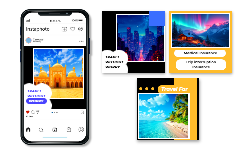 Smartphone displaying travel photos and ads with slogans on travel insurance.