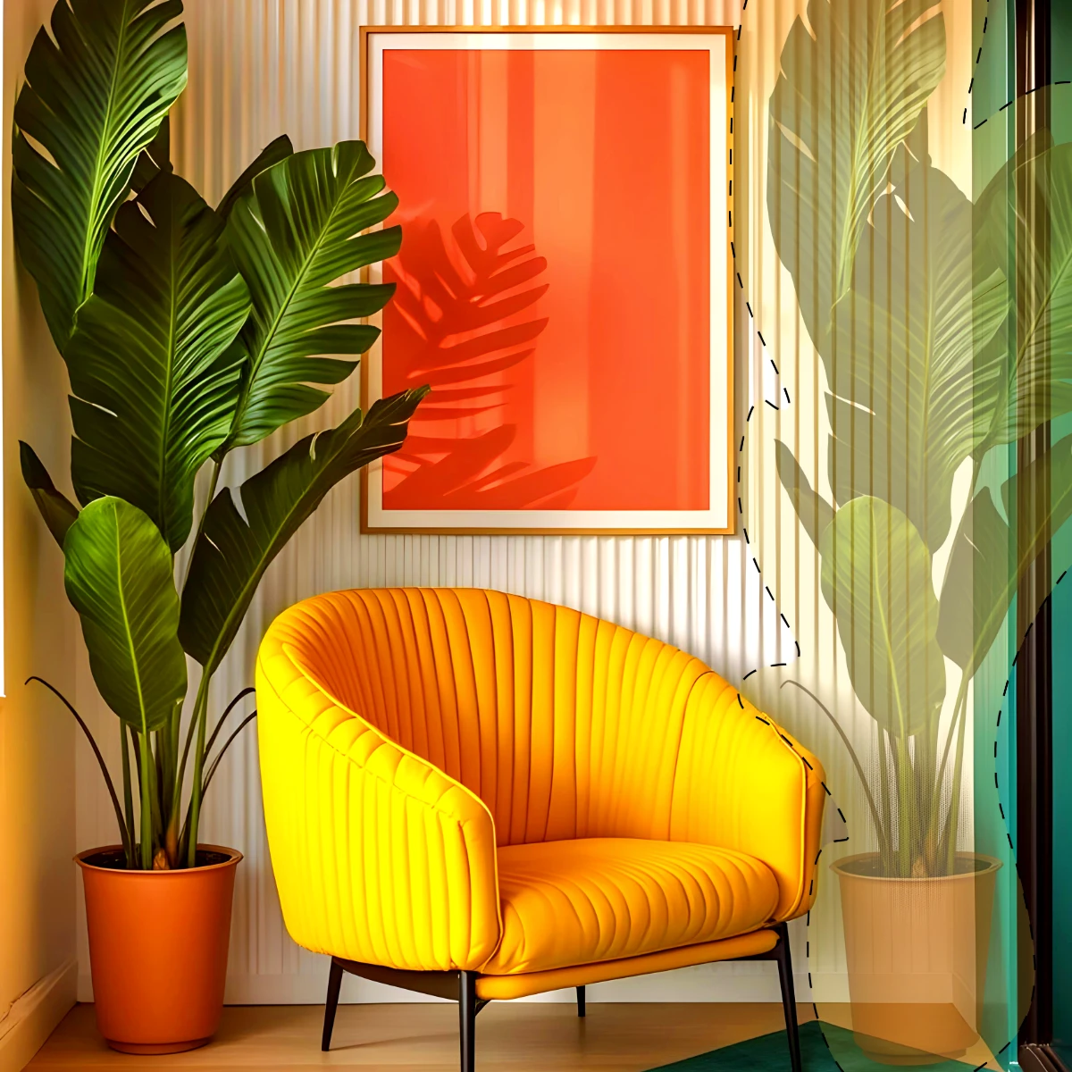 Yellow sofa with green plants and an orange artwork on a wall.