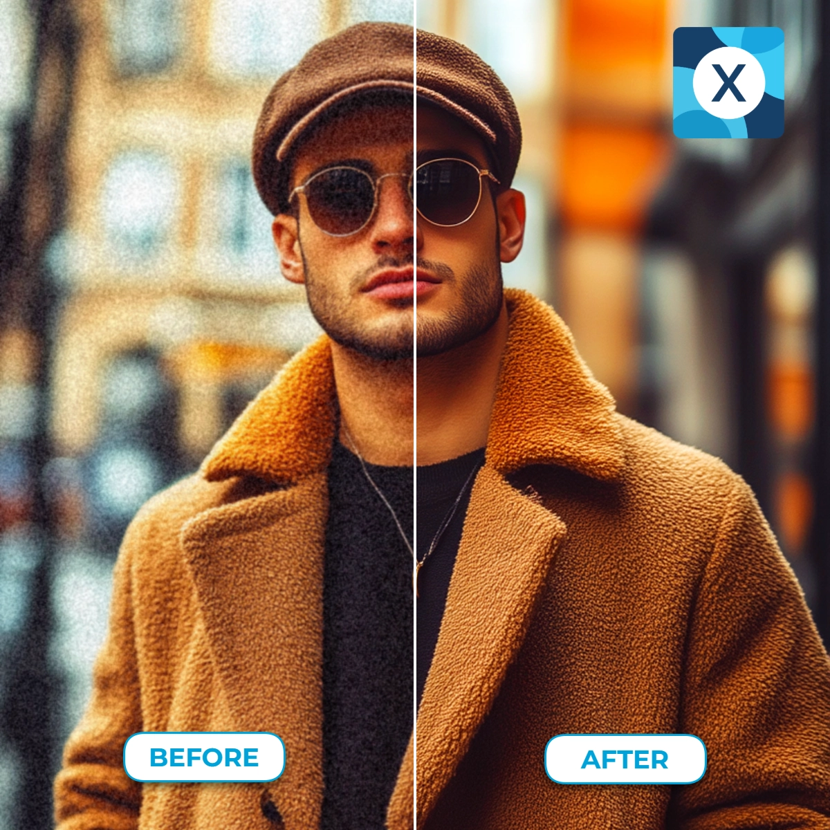 Split-screen image of a person in a brown coat before and after photo editing.