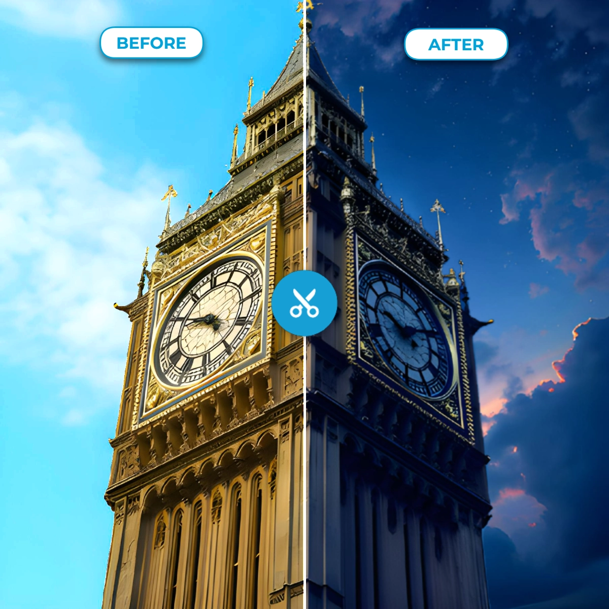 Split image of a clock tower showing 