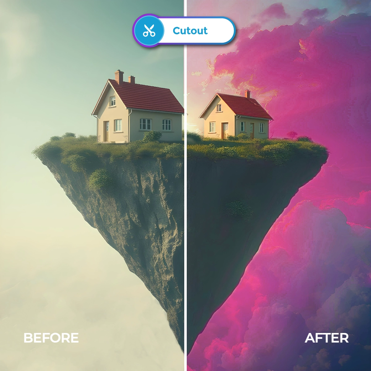 Split image showing a house on a cliff: 'before' with natural colors, 'after' with pink and purple hues.