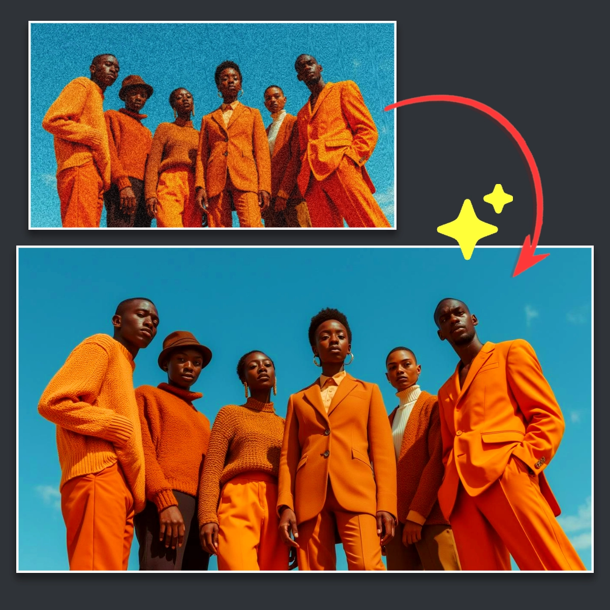 Group of people in vibrant orange outfits against a blue sky background.