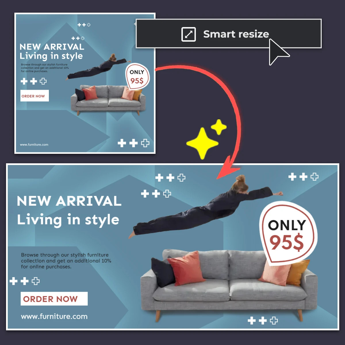 A promotional ad showcasing a stylish sofa with a person leaping above it, highlighting a $95 deal and an online order option.