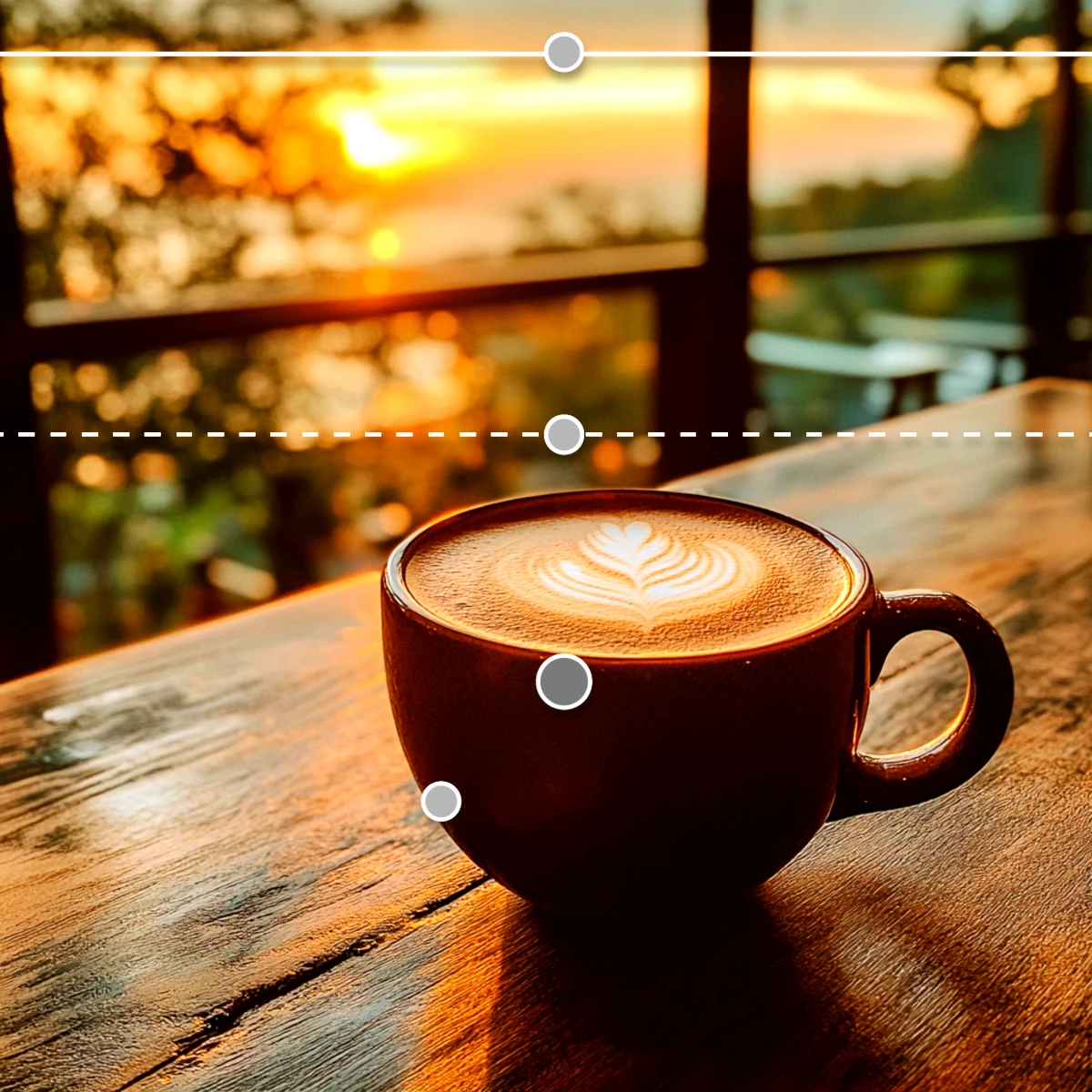 Coffee cup with latte art on a wooden table against a sunset background.