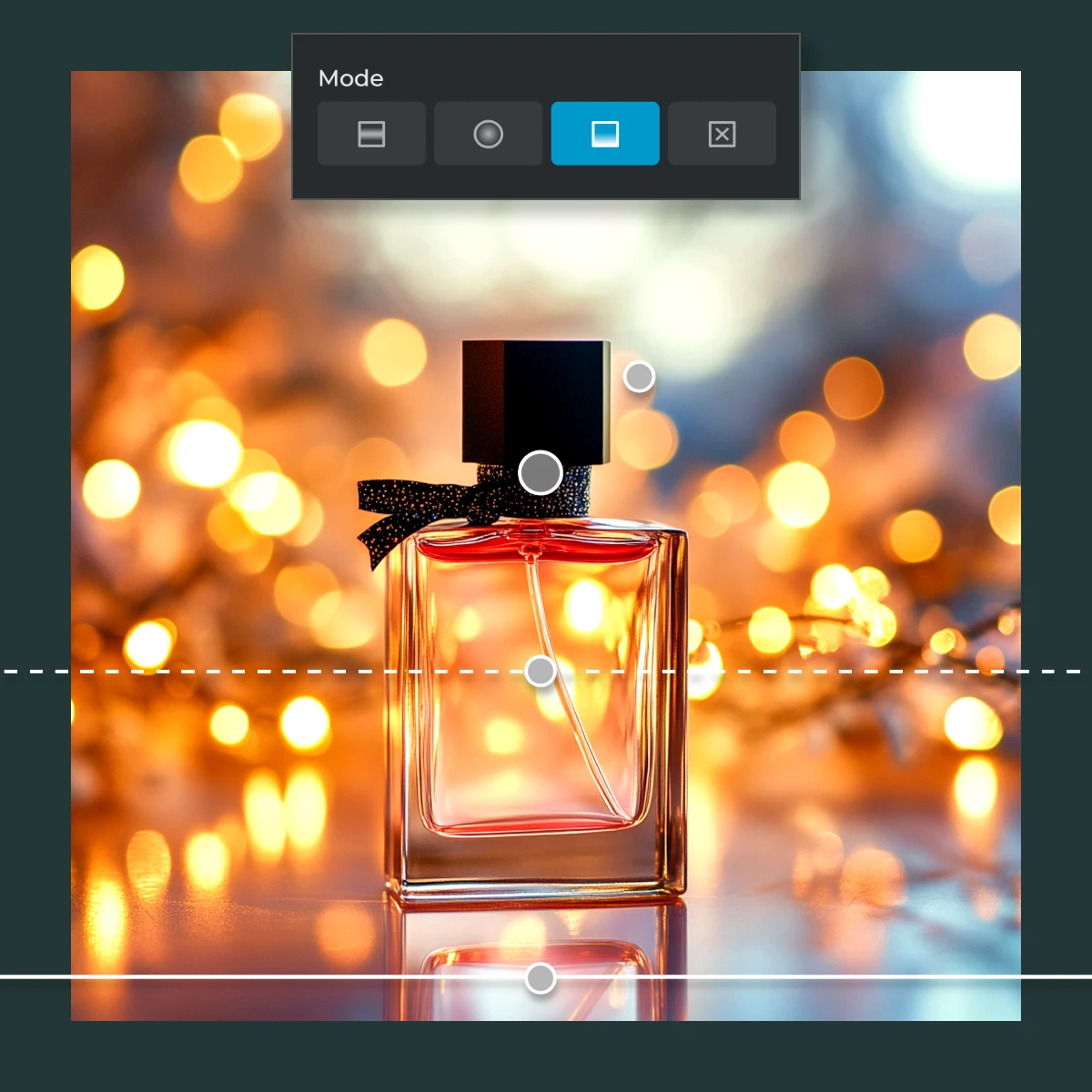 Elegant perfume bottle on reflective surface with warm bokeh lights in the background.