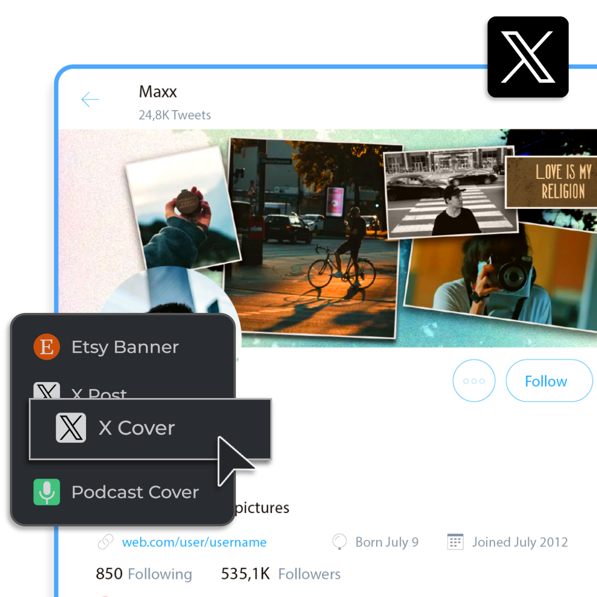 A Twitter profile showcasing vibrant photo collages, featuring a user with 24.8K tweets, followers, and content creation options.