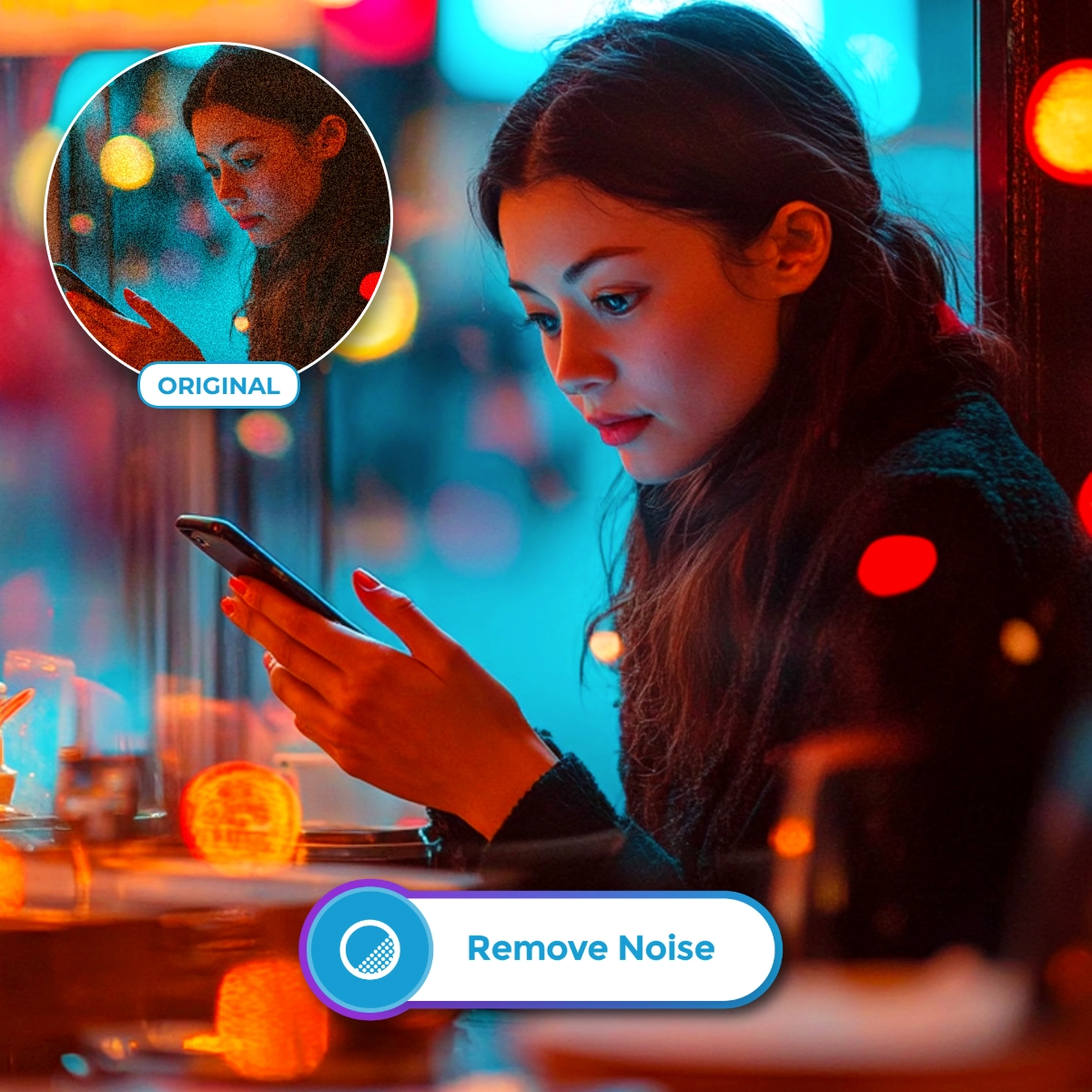 Person using smartphone in a vibrant, neon-lit setting with a 