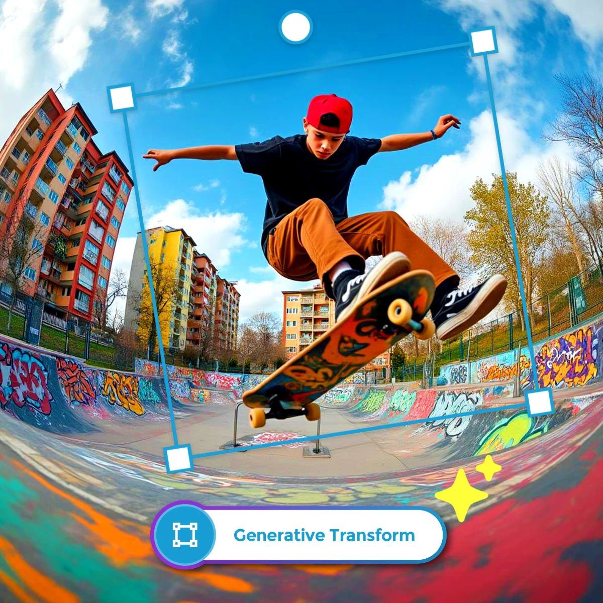 Skateboarder performing a trick at a graffiti-covered skatepark with colorful buildings in the background.