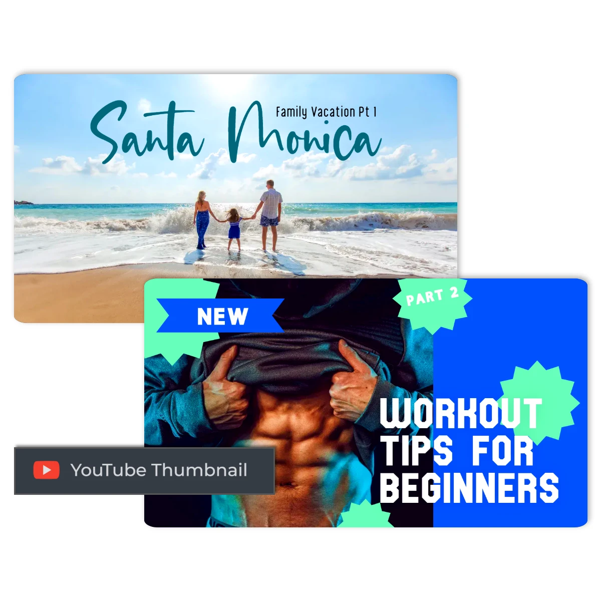 Two YouTube thumbnails: one features a family at Santa Monica beach; the other highlights workout tips for beginners with a muscular man.