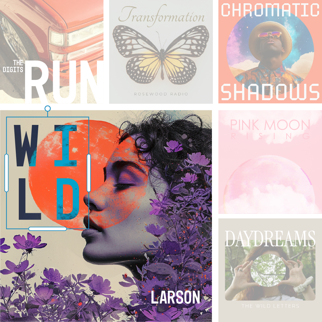 Collage of AI-designed album covers with various artistic styles and themes including 