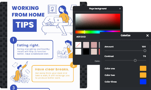 Working from home tips infographic with color customization options