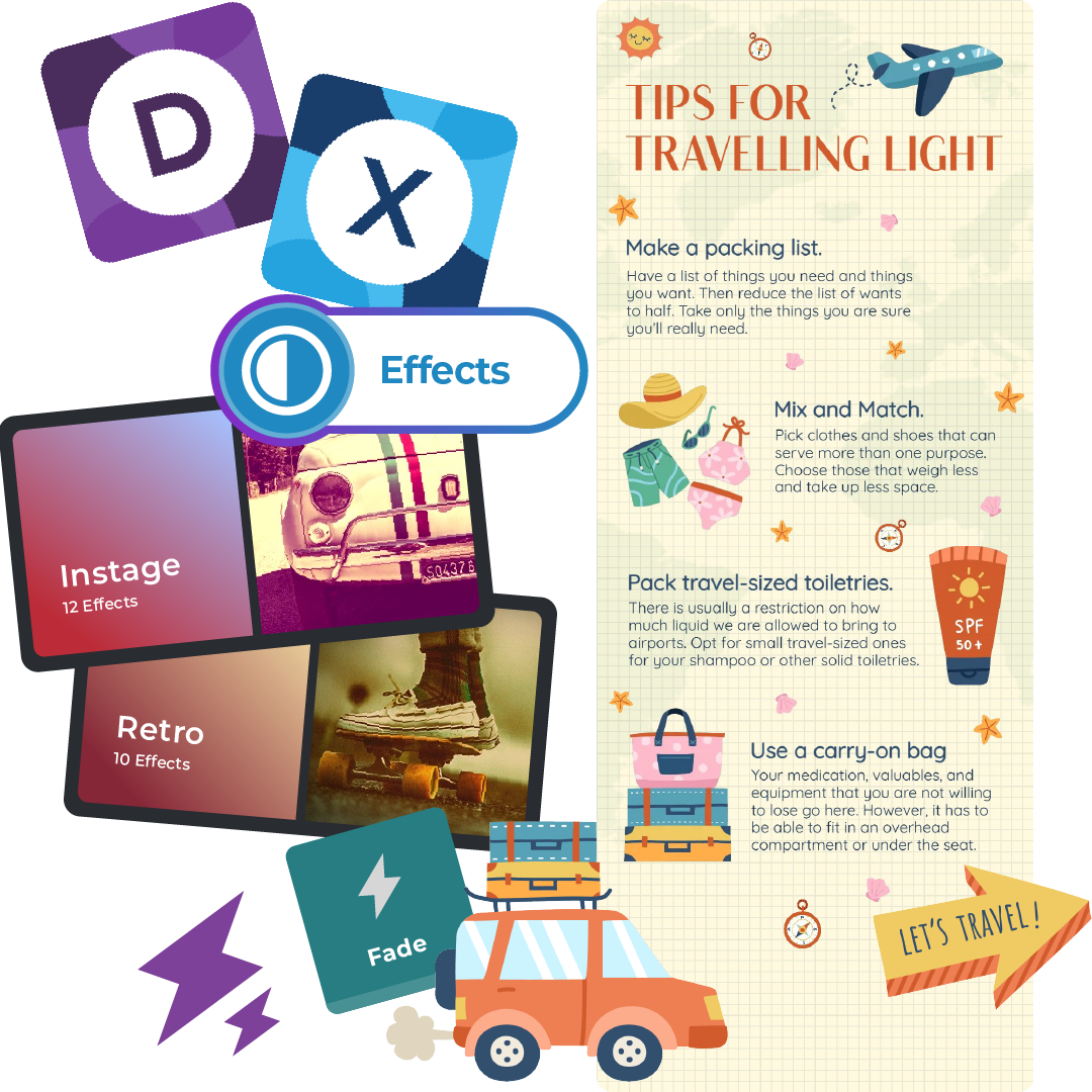 Infographic with tips for traveling light and effects options