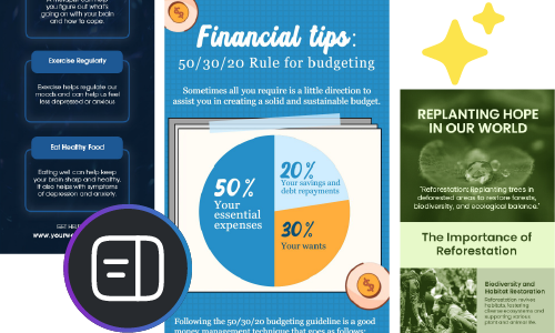 Financial tips infographic on the 50/30/20 budgeting rule